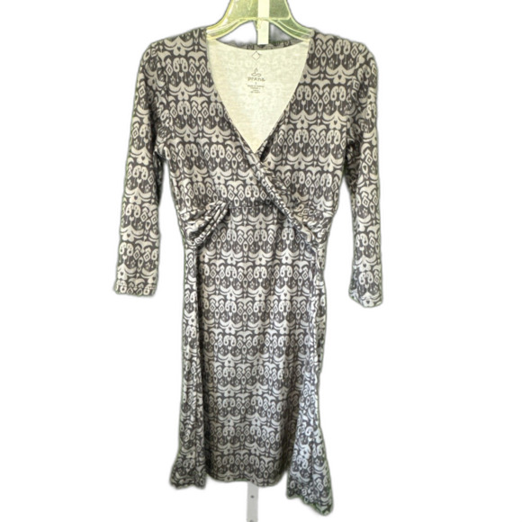 Prana V-Neck Knee Length Gray Dress ~ Sz S ~ 3/4 Sleeve ~ Stretchy - Picture 1 of 6